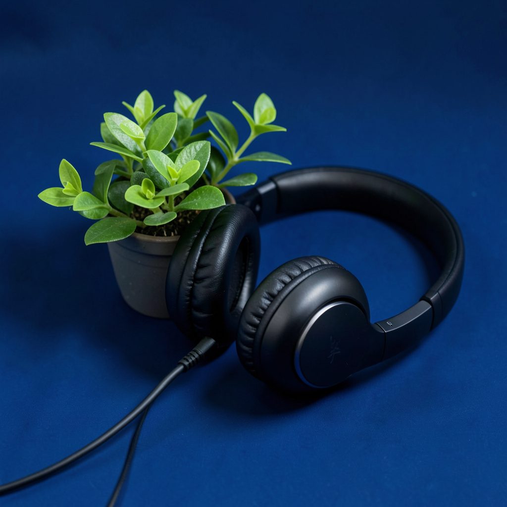 Over-ear headphones resting beside a small lime green plant on a navy backdrop