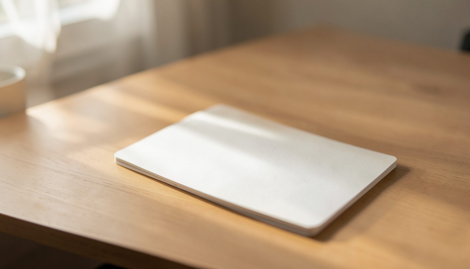 Soft daylight streaming across a warm neutral desk setup with a notebook