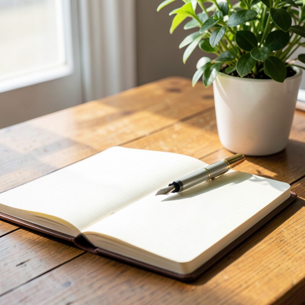 Open notebook with a fountain pen on a sunlit wooden table beside a green plant